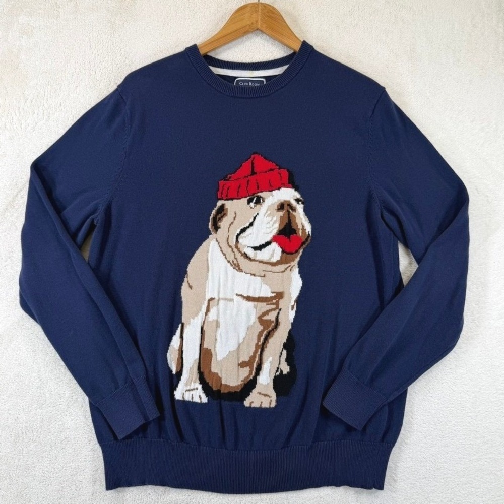 Club Room Mens Navy Blue Bulldog Graphic Cotton Crewneck Sweater Large HO21